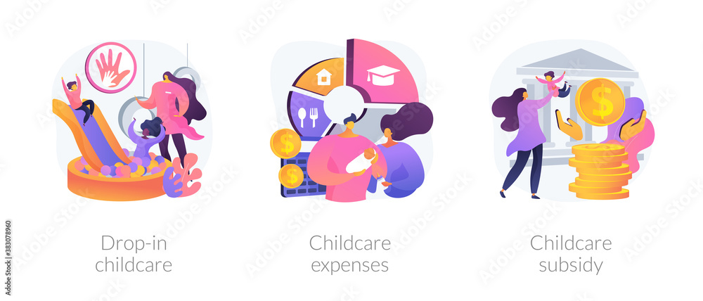 Daycare service abstract concept vector illustration set. Drop-in childcare, childcare expenses, childcare subsidy, family budget, nursery school, part-time kindergarten, tax credit abstract metaphor.