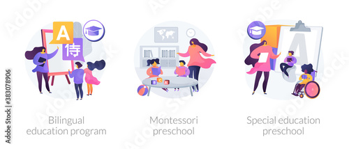 Early education program abstract concept vector illustration set. Bilingual immersion program, Montessori preschool, special education preschool, child development, disability abstract metaphor.