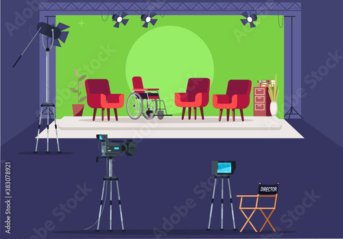 Interview set semi flat vector illustration. Television broadcasting equipment. Tv series. Special effects green screen. Channel interior. Content making 2D cartoon scenery for commercial use