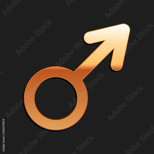 Gold Male gender symbol icon isolated on black background. Long shadow style. Vector.