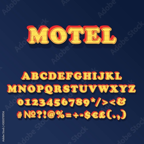 Motel vintage 3d vector alphabet set. Retro bold font  typeface. Pop art stylized lettering. Old school style letters  numbers  symbols pack. 90s  80s creative typeset design template
