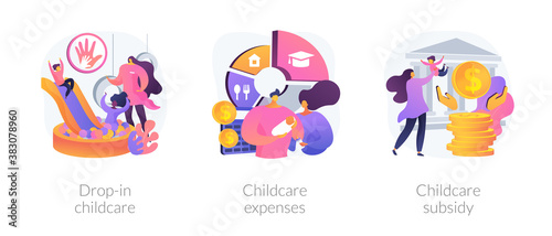 Fototapeta Naklejka Na Ścianę i Meble -  Daycare service abstract concept vector illustration set. Drop-in childcare, childcare expenses, childcare subsidy, family budget, nursery school, part-time kindergarten, tax credit abstract metaphor.