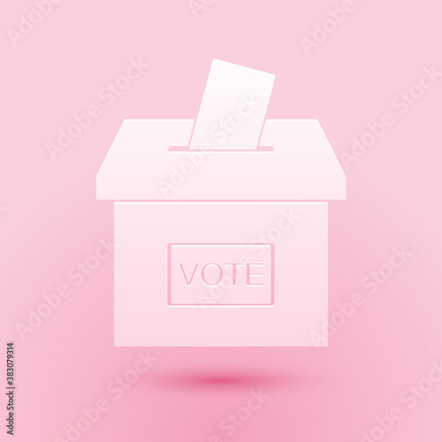 Paper cut Vote box or ballot box with envelope icon isolated on pink background. Paper art style. Vector.