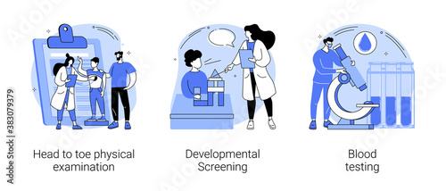 Pediatric check up abstract concept vector illustration set. Head to toe physical examination, developmental screening, blood testing, children health issue diagnostics abstract metaphor.