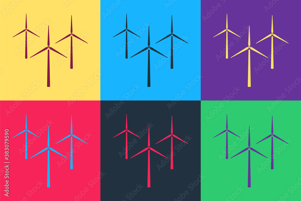 Pop art Wind turbine icon isolated on color background. Wind generator sign. Windmill silhouette. Windmills for electric power production. Vector. Pop art Wind turbine icon isolated on color background. Wind generator sign. Windmill silhouette. Windmills for electric power production. Vector.