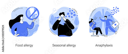 Allergic diseases abstract concept vector illustration set. Food and seasonal allergy, anaphylaxis shock treatment, skin rash, first aid, breath problem, gluten free diet abstract metaphor.