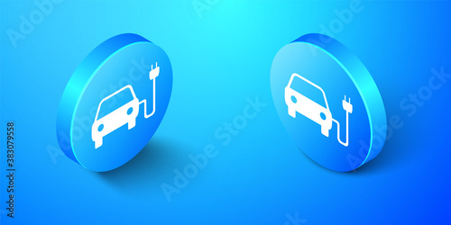 Isometric Electric car and electrical cable plug charging icon isolated on blue background. Electric car charging sign. Renewable eco technologies. Blue circle button. Vector.