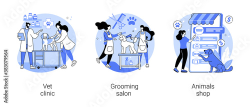 Animal service and care abstract concept vector illustration set. Vet clinic, grooming salon, animals shop, veterinary hospital, pet goods e-shop, pets vaccination, doggie spa abstract metaphor.