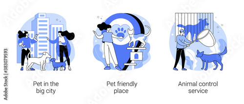 Pet ownership abstract concept vector illustration set. Pet in the big city, dog friendly place, animal control service, walking place, rescue service, stray dogs and cats abstract metaphor.