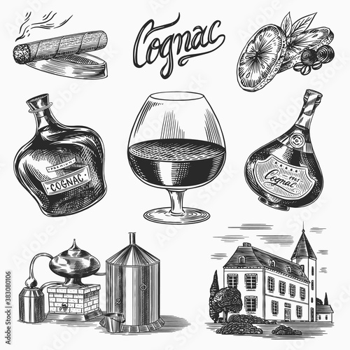 Cognac and glass. Bottles with labels, cigar and cocktail, sweets and farm, chocolate and man. Engraved hand drawn vintage sketch. Woodcut style. Vector illustration for menu or poster.