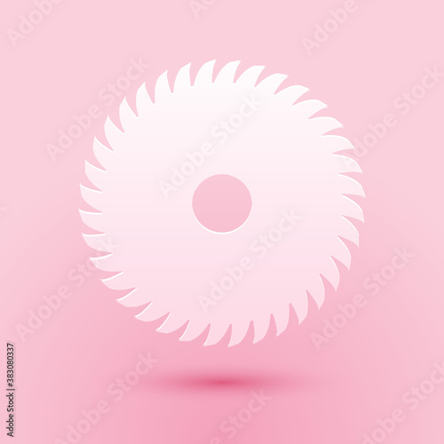 Paper cut Circular saw blade icon isolated on pink background. Saw wheel. Paper art style. Vector.