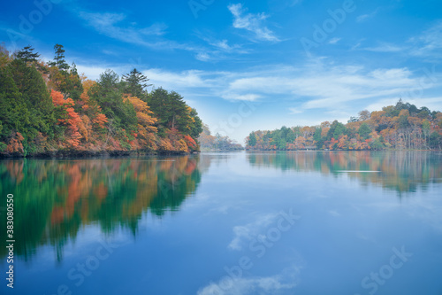 Nikko autumn colorful trees and mirror of water lake with blue sky , japan travel season © bank215