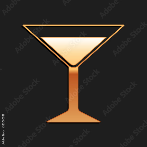 Gold Martini glass icon isolated on black background. Cocktail icon. Wine glass icon. Long shadow style. Vector.