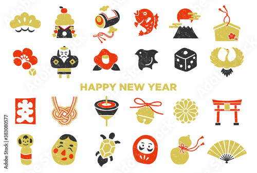 正月と年賀状の和風イラスト素材セット