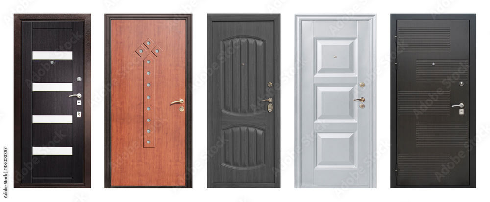 Set of models of entrance metal doors isolated on white background Set of models of entrance metal doors isolated on white background