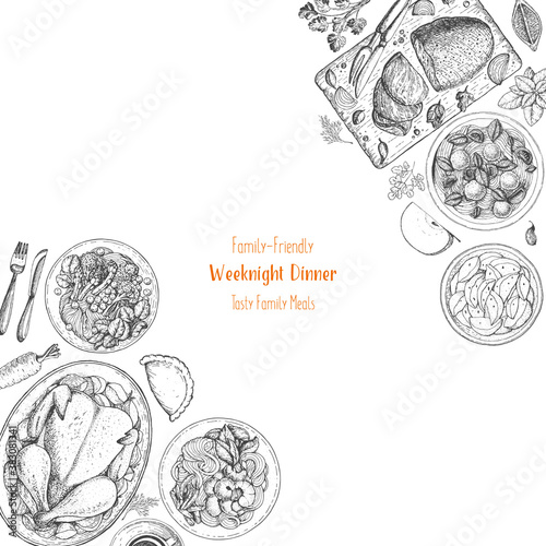 Family dinner top view, vector illustration. Friendly dinner table. Food menu. Engraved style background. Hand drawn sketch, design template.