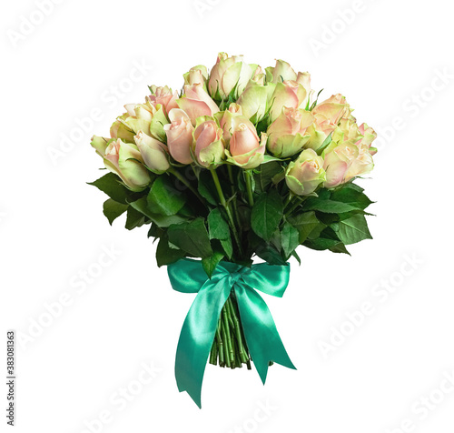 A festive bouquet of green and pink roses with a beautiful green bow isolated on white background. Congratulatory flowers for a wedding, gift, rewarding and celebration.