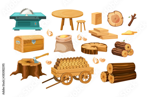 Wood industry material tools and products, tree trunks, bark, wood kitchen utensils, branches, planks, wooden furniture, chest, shavings. Logs, boards for the forest lumber industry set vector