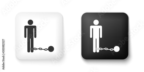 Black and white Prisoner with ball on chain icon isolated on white background. Square button. Vector.
