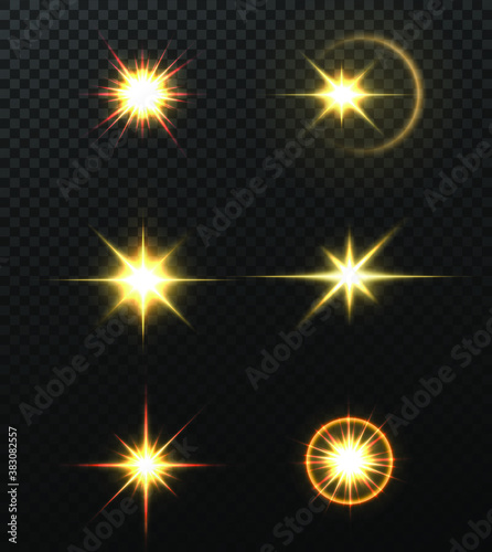 Shining golden stars isolated on black background. Effects, lens flare, shine, explosion, golden light, set. Light star gold png. Light sun gold png. Light flash gold png. Powder png.