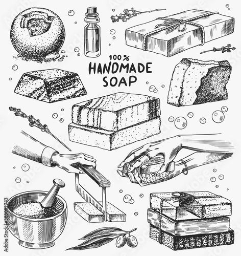 Bubble Bath soap set. Washing hands in vintage style. Homemade packaging. Foam production process. Organic cosmetic, natural lather. Drawn a monochrome engraved sketch for spa label or banner.