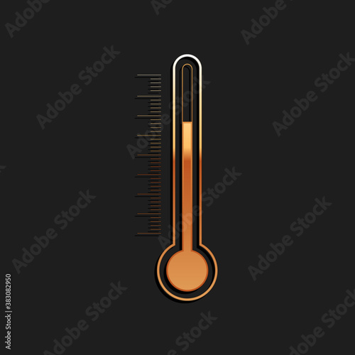 Gold Thermometer icon isolated on black background. Long shadow style. Vector.