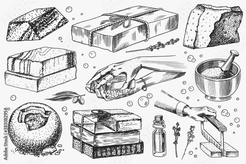 Bar of soap. Washing hands in vintage style. Homemade packaging. Foam production process. Organic Bubble cosmetic, natural lather for Bath. Drawn a monochrome engraved sketch for spa label or banner.