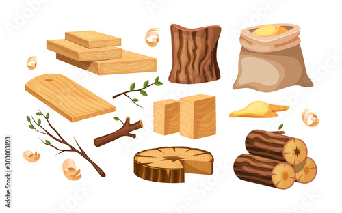 Wood industry products, tree trunks, bark, wood kitchen utensils, branches, planks, wooden furniture, chest, shavings. Logs, boards for the forest lumber industry set vector