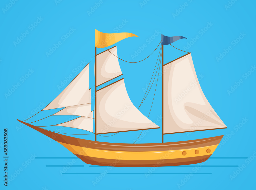 Maritime ships at sea, sailboat, sailing yacht water transportation tourism transport cartoon vector