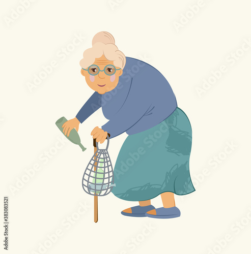 Elderly homeless woman with string bag, collects empty glass bottles.