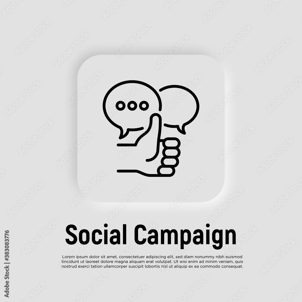 Social marketing: thumbs up and speech bubbles. Thin line icon. Report, review, advertising in internet. Vector illustration.