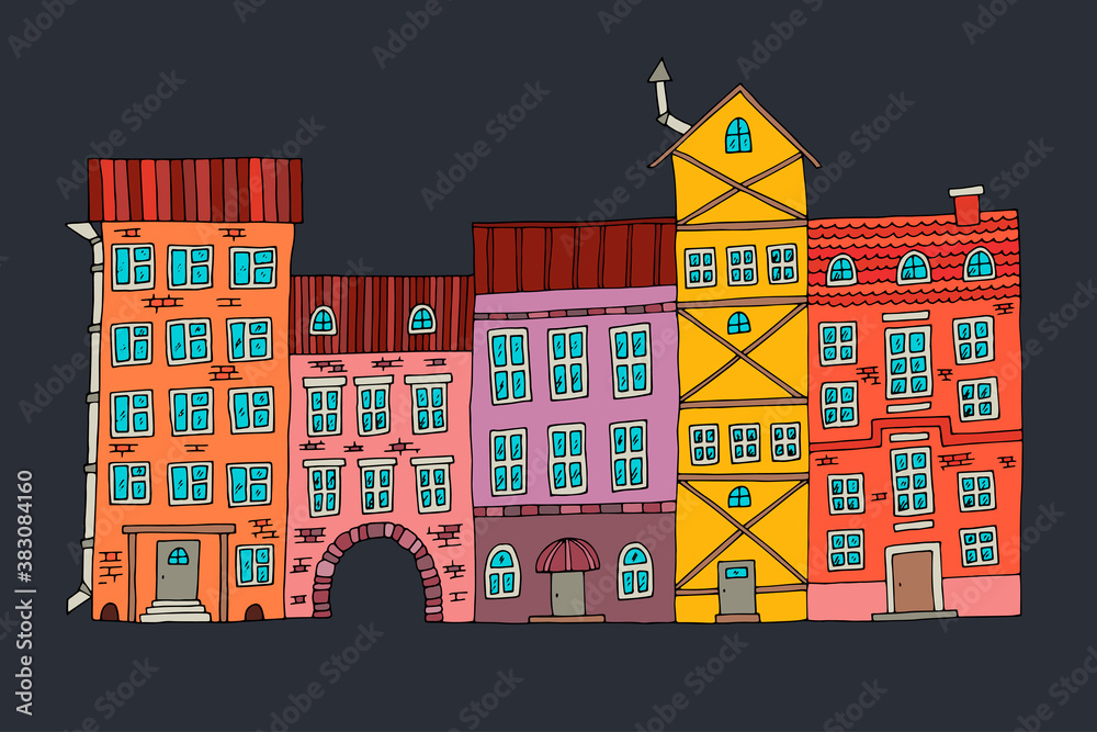 A city with different houses. The street. Doodle vector illustration, hand drawn.