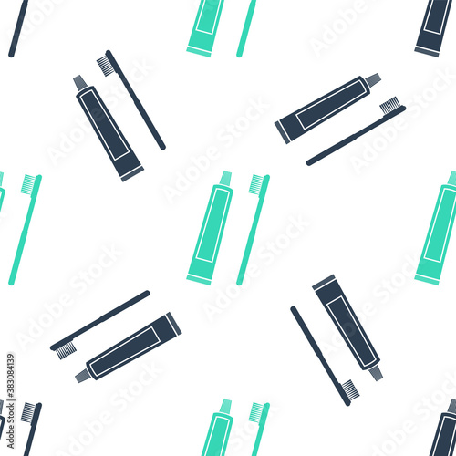 Green Tube of toothpaste and toothbrush icon isolated seamless pattern on white background. Vector.