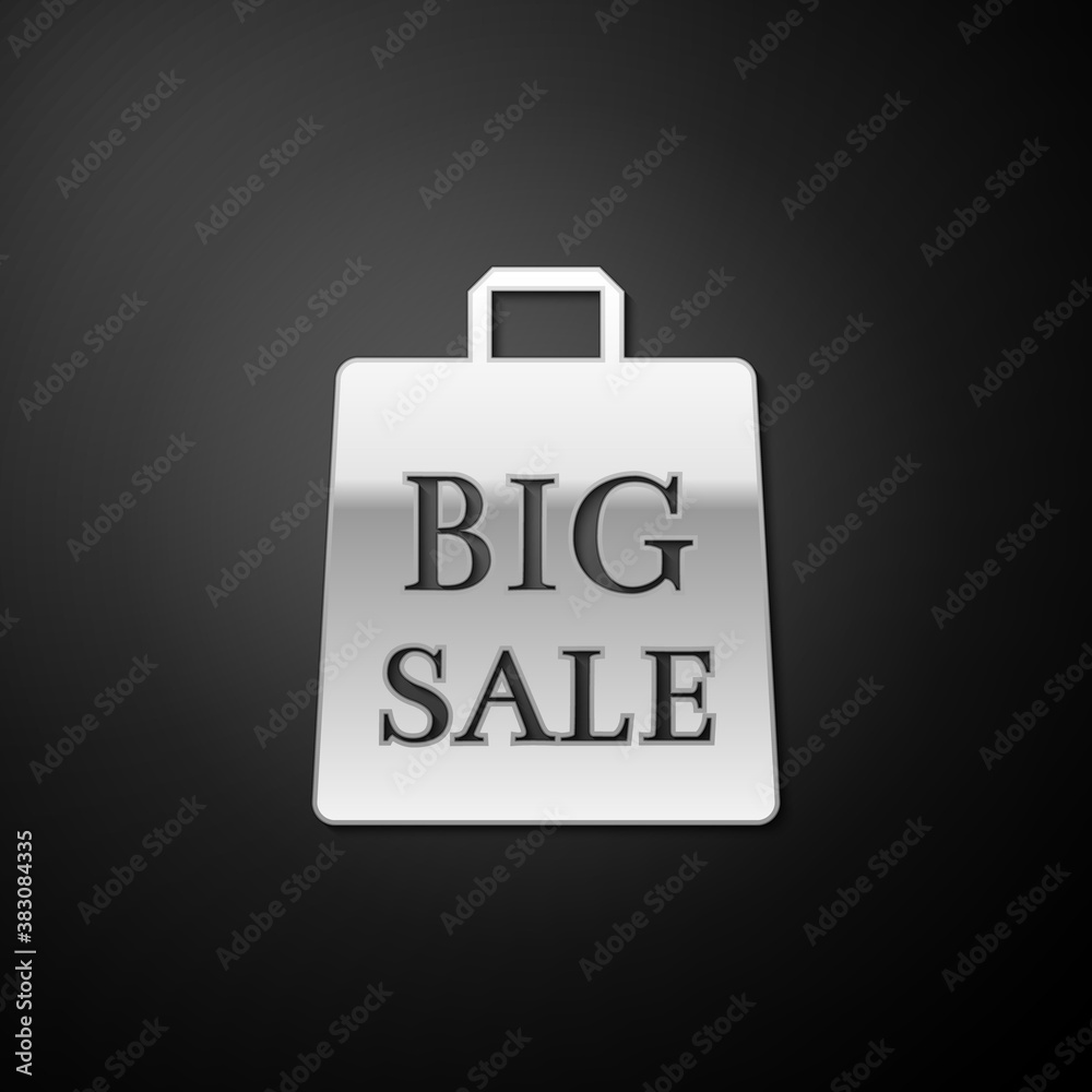 Silver Shoping bag with an inscription Big Sale icon isolated on black background. Handbag sign. Woman bag icon. Female handbag sign. Long shadow style. Vector. Silver Shoping bag with an inscription Big Sale icon isolated on black background. Handbag sign. Woman bag icon. Female handbag sign. Long shadow style. Vector.