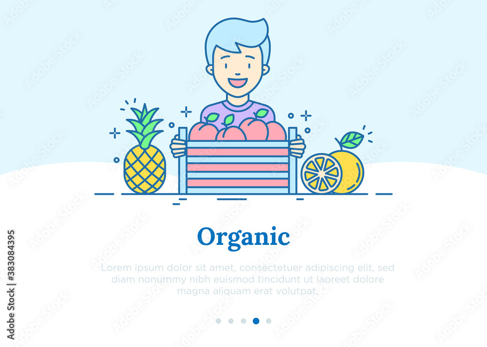 Organic shop concept. Man with fruit box. Peach, pineapple, lemon thin line icons. Vector illustration. Organic shop concept. Man with fruit box. Peach, pineapple, lemon thin line icons. Vector illustration.