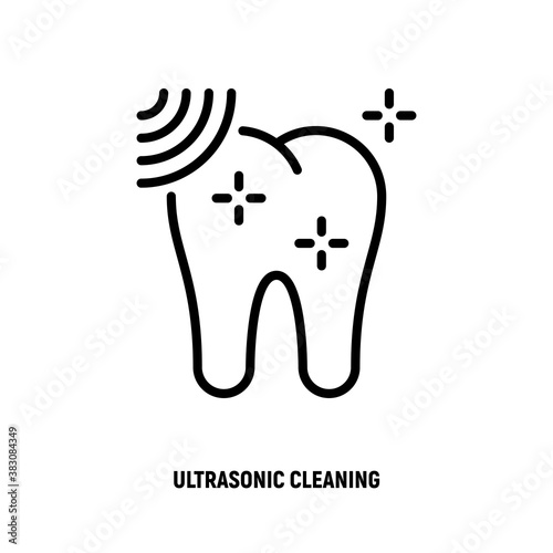 Ultrasonic cleaning thin line icon. Dental hygiene. Shining tooth. Vector illustration.