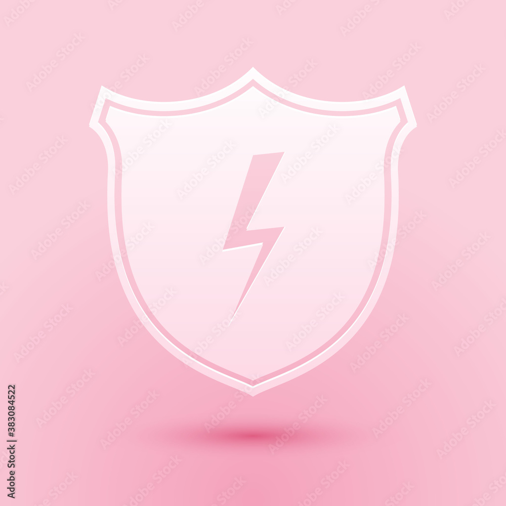 Paper cut Secure shield with lightning icon isolated on pink background. Security, safety, protection, privacy concept. Paper art style. Vector. Paper cut Secure shield with lightning icon isolated on pink background. Security, safety, protection, privacy concept. Paper art style. Vector.