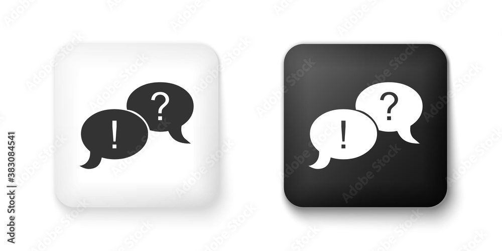 Black and white Speech bubbles with Question and Exclamation marks icon isolated on white background. FAQ sign. Copy files, chat speech bubble. Square button. Vector. Black and white Speech bubbles with Question and Exclamation marks icon isolated on white background. FAQ sign. Copy files, chat speech bubble. Square button. Vector.