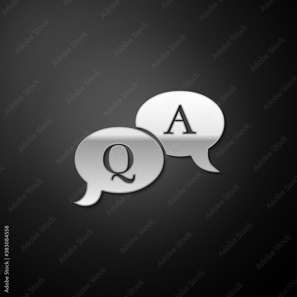 Silver Question and Answer mark in speech bubble icon isolated on black background. Q and A symbol. FAQ sign. Copy files, chat speech bubble. Long shadow style. Vector.