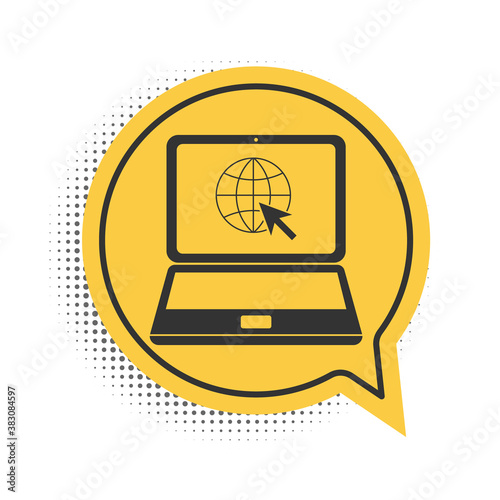 Black Website on laptop screen icon isolated on white background. Laptop with globe and cursor. World wide web symbol. Yellow speech bubble symbol. Vector.