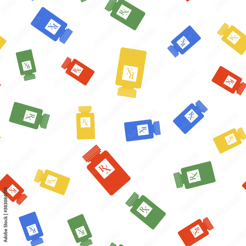 Color Pill bottle with Rx sign and pills icon isolated seamless pattern on white background. Pharmacy design. Rx as a prescription symbol on drug medicine bottle. Vector.