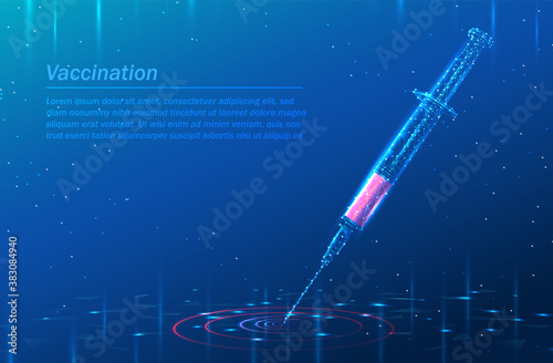 vector 3d vaccine syringe in dark blue. Medicine and technology concept, tech digital low poly background.