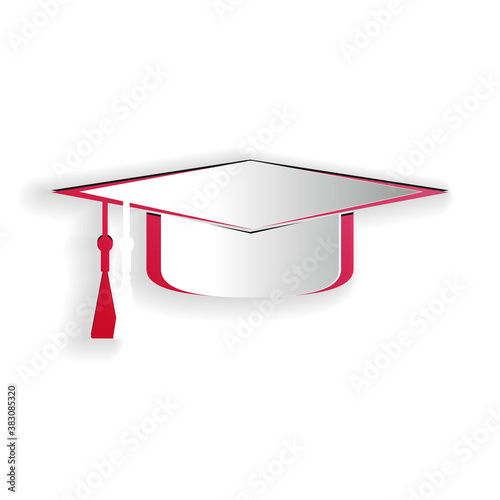 Paper cut Graduation cap icon isolated on white background. Graduation hat with tassel icon. Paper art style. Vector.