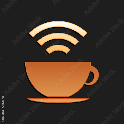 Gold Cup of coffee shop with free wifi zone icon isolated on black background. Internet connection placard. Long shadow style. Vector.