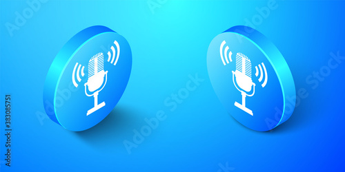 Wallpaper Mural Isometric Microphone icon isolated on blue background. On air radio mic microphone. Speaker sign. Blue circle button. Vector. Torontodigital.ca