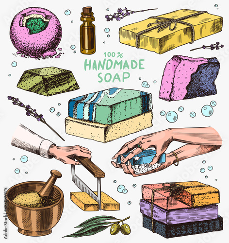 Bubble Bath soap set. Washing hands in vintage style. Homemade packaging. Foam production process. Organic cosmetic, natural lather. Drawn a monochrome engraved sketch for spa label or banner.