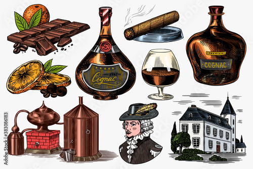 Fototapeta Naklejka Na Ścianę i Meble -  Cognac and hand with glass, bottles with labels, cigar and cocktail, sweets and farm, chocolate and man. Engraved hand drawn vintage sketch. Woodcut style. Vector illustration for menu or poster.