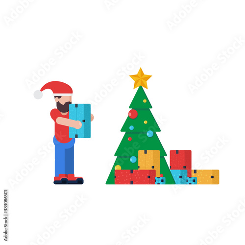 Festive delivery service bundle. Courier delivery christmas tree and gifts conceptual situations. Merry Xmas and Happy New Year celebration cartoon. - Vector