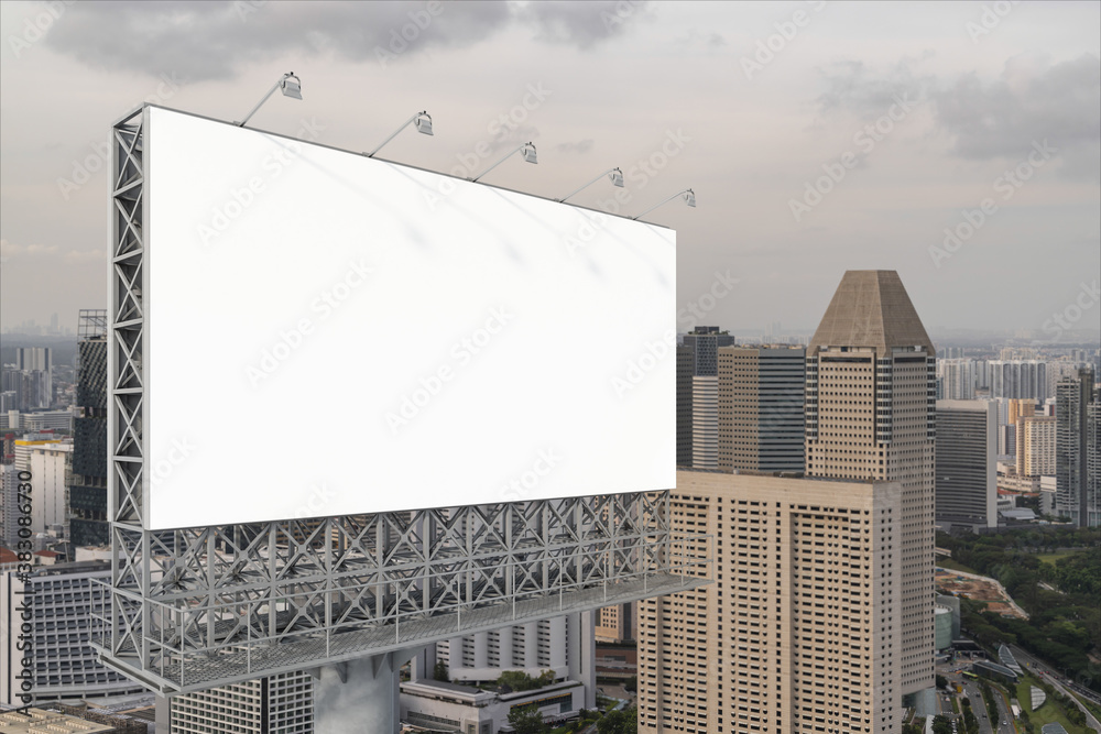 Blank white road billboard with Singapore cityscape background at sunset. Street advertising poster, mock up, 3D rendering. Side view. The concept of marketing communication to sell idea.