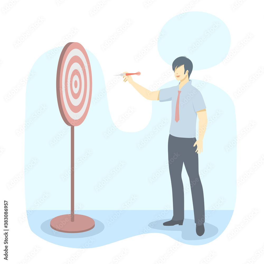 Businessman stand hold the dart and aim at the target.Flat design style.Isolated on white background.Vector illustration about plan and vision. Businessman stand hold the dart and aim at the target.Flat design style.Isolated on white background.Vector illustration about plan and vision.
